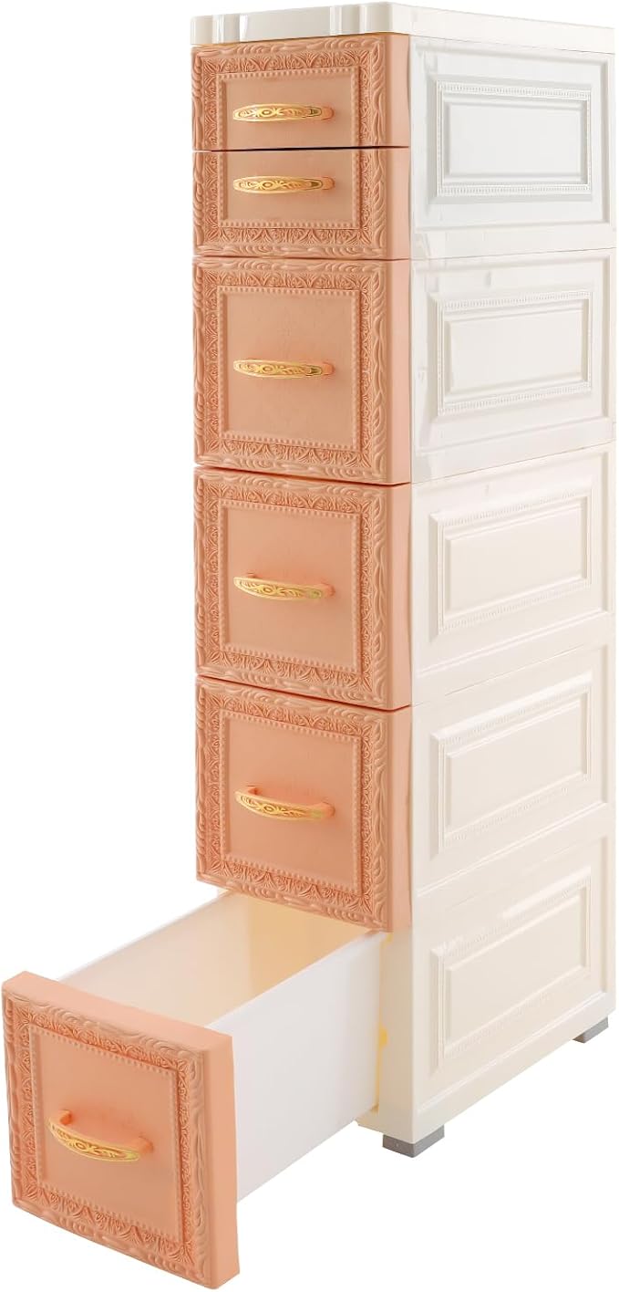 6 Drawers Narrow Storage Cabinet with Wheels,Slim Floor Cabinets,Rolling Organizer Cart for Small Spaces,Pink
