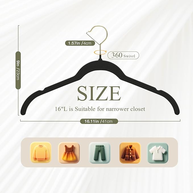 Korpai 50 Pack Black Velvet Hangers, Non Slip,Durable,Slim Hangers Space Saving,Felt Hangers with Gold 360°Swivel Hook for Coats,Strappy Dresses,Shirts,Sweater ect