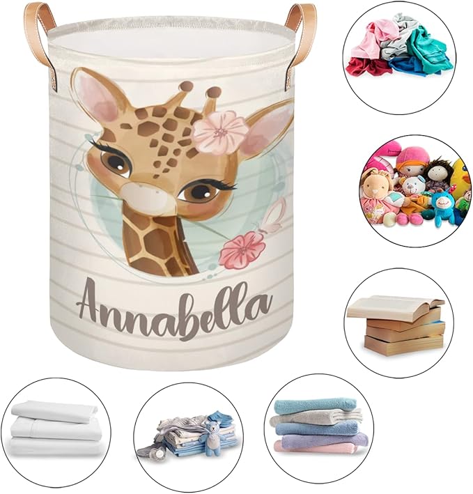 Personalized Laundry Basket, Custom Gift Laundry Hamper, Collapsible Nursery Waterproof Laundry Baskets, Dirty Clothes Toy Hamper with Handles Cute Griaffe