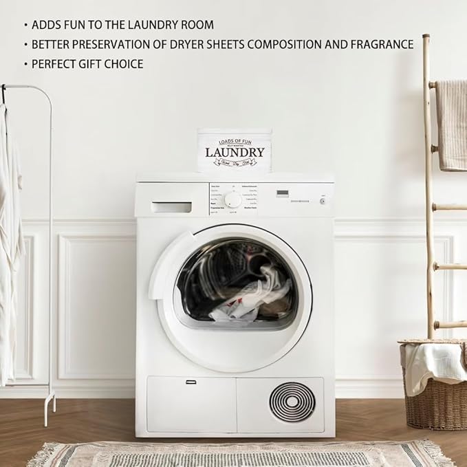 SUPERDANT Dryer Sheets Holder with Lid Rustic Dryer Sheet Dispenser Laundry Lettering Dryer Sheets Container Laundry Fabric Softener Dispenser Box for Laundry Room Organization Storage White