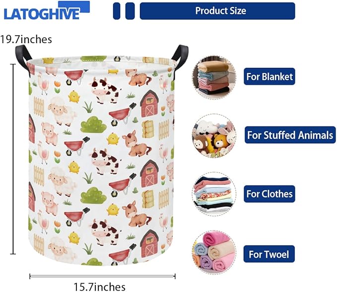 Baby Laundry Hamper kids laundry Basket Waterproof Storage Bin for Bedroom Toy Clothes Organizer Basket Woodland Animals Room Décor(Cute Farm)