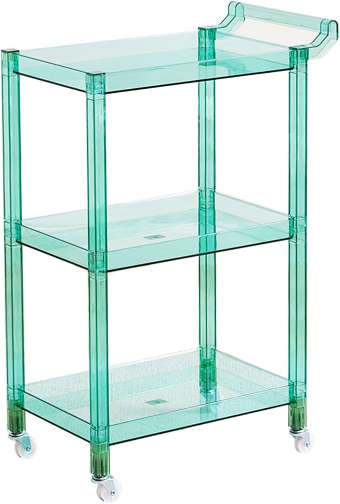 Acrylic-Style Utility Rolling Cart, 3-Tier Clear Storage Cart with Pulling Handle & 4 Wheels for Kitchen Living Room Dining Bathroom Laundry, Multifunction Serving Trolley for Small Spaces(Green)