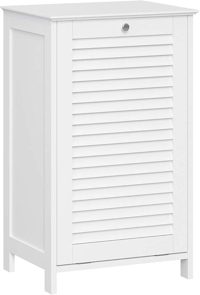 RiverRidge Ellsworth Laundry Cabinet with Tilt-Out Door, Removable Cloth Bag, Shutter Design & Polished Silver Knob Laundry Room Storage Cabinet.