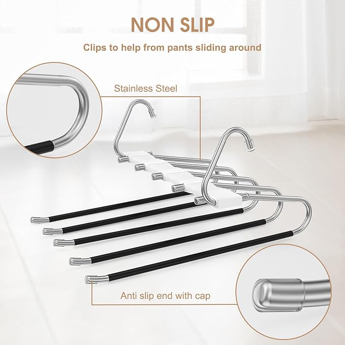 3 Pack Pants Hangers Space Saving, Anti-Slip Multi-Functional Pants Rack, Thickened Stainless Steel Tube, Two Hanging Modes Suitable for Jeans Trousers Skirts Scarf-White