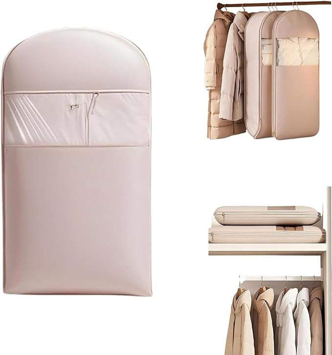 Space Saving Hanging Garment Bag with Self Compression Zipper, Otherwisie Garment Bags, Space Saver Dust Cover Clothes Bags for Down Coat Protects Clothes from Wrinkles (Pink)