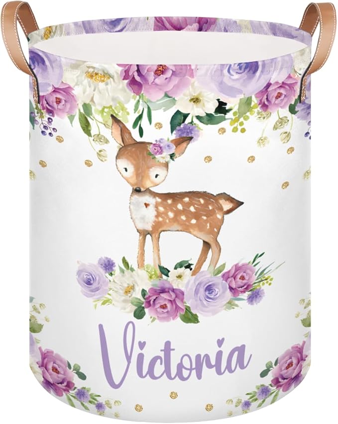 Personalized Laundry Basket, Custom Gift Laundry Hamper, Collapsible Nursery Waterproof Laundry Baskets, Dirty Clothes Toy Hamper with Handles Gold Floral Woodland Deer