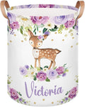 Personalized Laundry Basket, Custom Gift Laundry Hamper, Collapsible Nursery Waterproof Laundry Baskets, Dirty Clothes Toy Hamper with Handles Gold Floral Woodland Deer