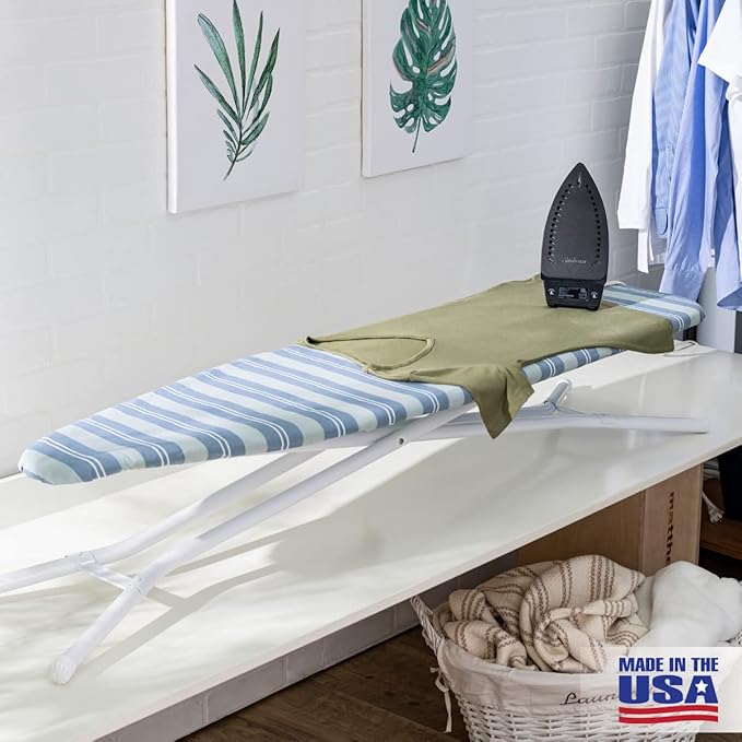 Full Size Ironing Board Made in USA – Blue Stripe by Seymour Home Products 4 Heavy-Duty Steel Legs Perforated Top for Steam Includes Cover & Pad Sturdy, Foldable Iron Board for Home & Laundry