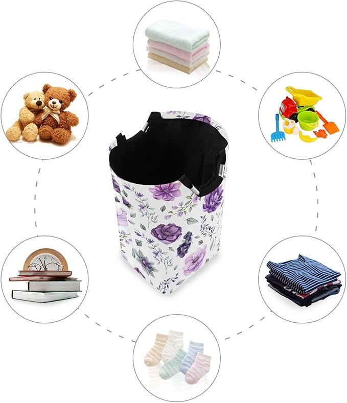 CaTaKu Floral Watercolor Purple Baby Laundry Baskets Collapsible, Large Tall Clothes Hampers for Kids Laundry Room Organizer Foldable Storage Bins with Handles