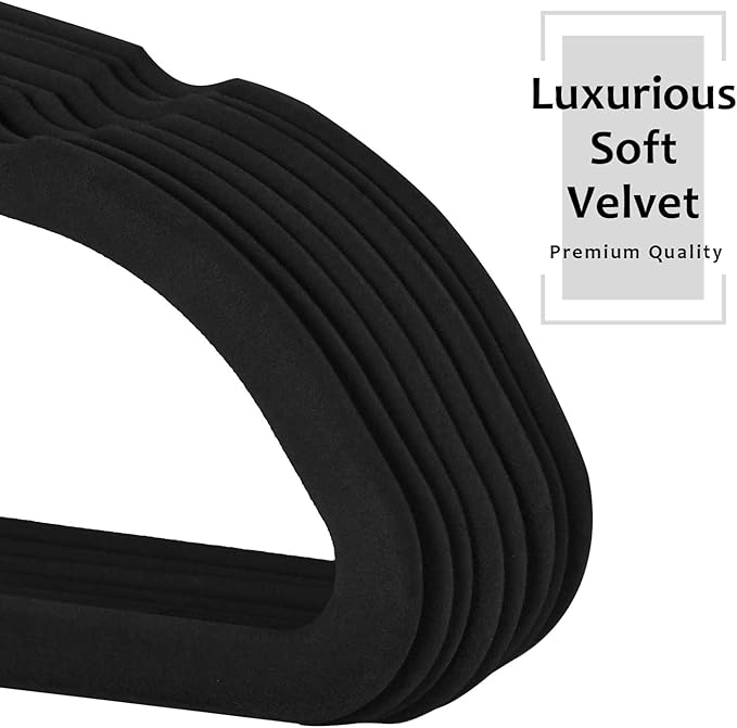 VECELO Premium Velvet Clothes Hangers Suit Heavy Duty (50 Pack)-Non Slip & Space-Saving with 6 Finger Clips & Tie Rack Excellent for Men and Women,Dark Black