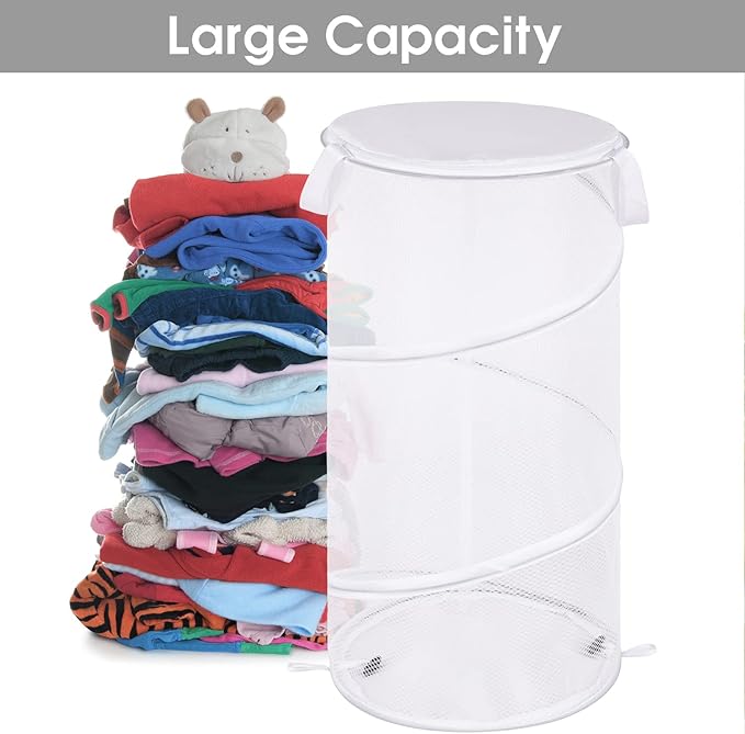 BATTOO Large Collapsible Laundry Basket with Lid Foldable Mesh Pop Up Hamper with Handles for Laundry Room, Bathroom, Kids Room, College Dorm, Travel, Storage Organizer White