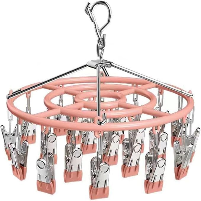 Drying Rack for Sock, Stainless Steel Sock Drying Rack with 24 Clips, Swivel Hook Windproof Hanger for Sock, Bras, Towel, Underwear, Laundry, Hat, Scarf, Pants, Gloves(Apricot)