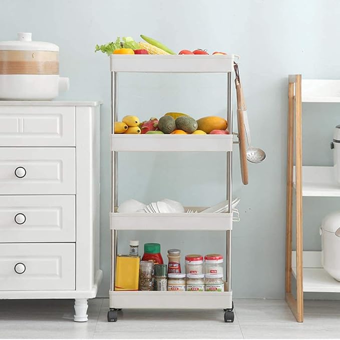 Modern Home 4-Tier Rolling Storage Cart with Bins – Slim Organizer for Bathroom, Kitchen, Laundry & Pantry – Mobile Utility Shelves with Wheels