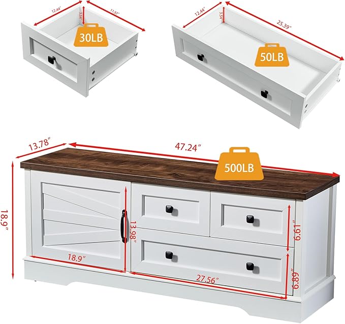 SOOWERY 48 Inch End of Bed Storage Bench, Farmhouse Bed Bench with Drawers and Cabinet, Rustic Shoe Storage Bench for Entryway, Bedroom,Living Room, White