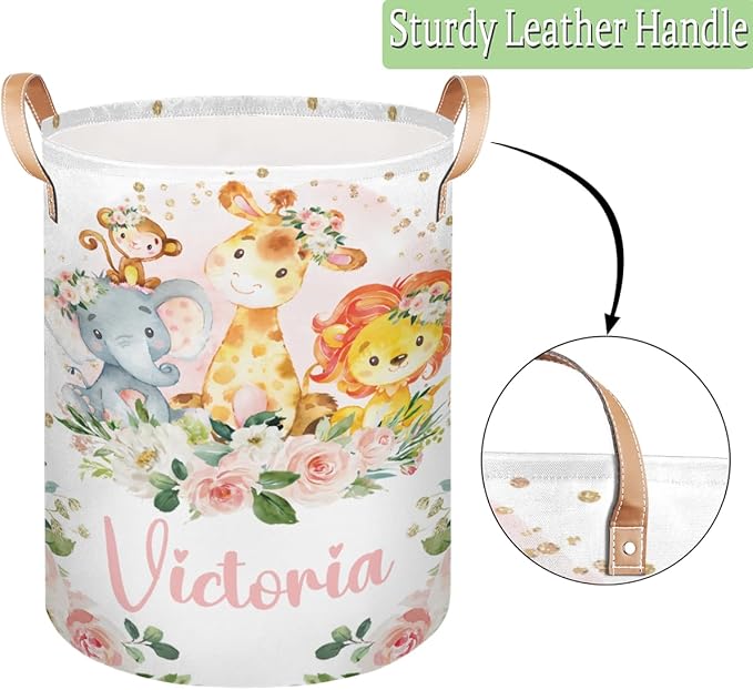 Personalized Laundry Basket, Custom Gift Laundry Hamper, Collapsible Nursery Waterproof Laundry Baskets, Dirty Clothes Toy Hamper with Handles Safari Animals Pink Floral