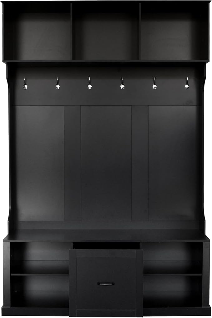 Modern Hall Tree with 6 Hooks, Coat Hanger, Entryway Bench, A Spacious Drawer, Two Adjustable Shelves, 3-in-1 Design Hall Tree for Entrance, Living Room (Black/333)