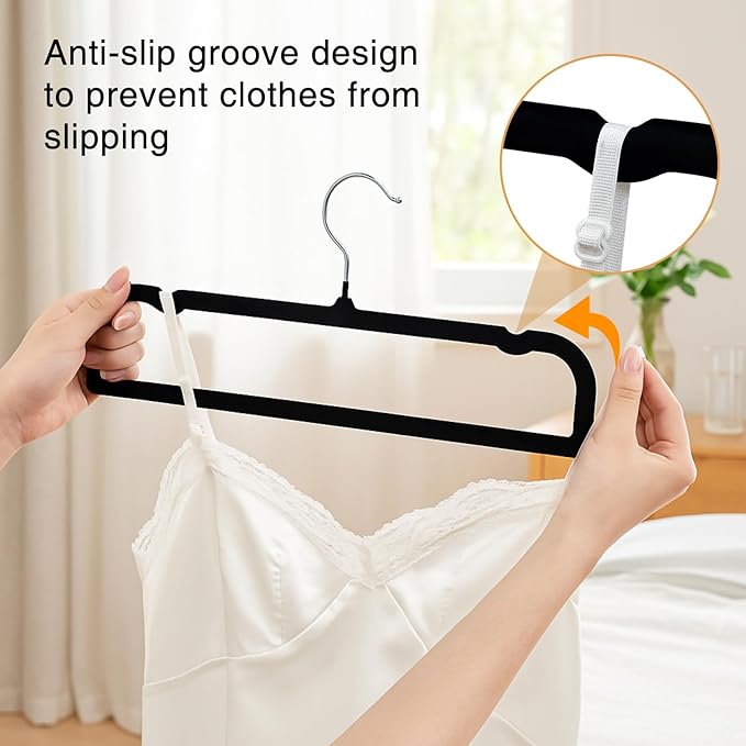 30sets/60pcs Velvet Pants Hangers Non Slip Black Felt Hangers with 30 Cascading Hooks, Space Saving 360 Degree Swivel Hook Closet Organizer for Jeans, Trousers, Leggings, Tank Top, Shorts and Skirts