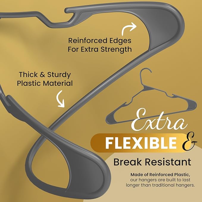 50 Pack Adult Plastic Hanger for Shirt Pants Coats Dresses Skirts Suits Jackets - Standard Thick Coat Hanger - Sturdy & Durable Design with Shoulder Grooves Hook - Grey