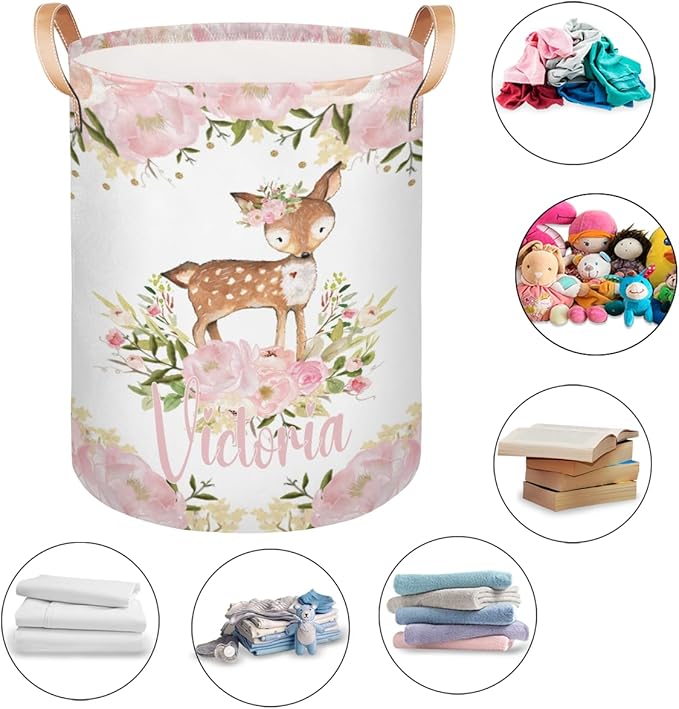Personalized Laundry Basket, Custom Gift Laundry Hamper, Collapsible Nursery Waterproof Laundry Baskets, Dirty Clothes Toy Hamper with Handles Pretty Deer Woodland Forest