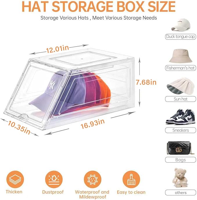 4 Pack Hat Organizer for Baseball Caps,Large Clear Cap Organizer with Drawer,Hats Holder Box for Closet with Sliding Tray,Stackable Hat Rack Display Case,Multi-use Hat Case for Caps,Each Holds 12 Hats