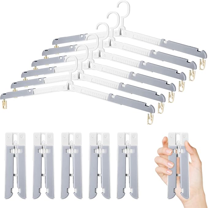 Foldable Travel Hangers for Cruise, 6 Pack Portable Collapsible Hanger with Clips, Folding & Space-Saving Suitcase Hangers for Travel, Grey-White (Grey-White)