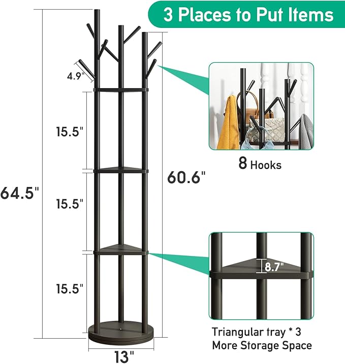 Rotary Coat Rack Stand with 8 Hooks, Black Bamboo Wood Coat Tree for Clothes/Bags/Hats, Large Coat Rack Freestanding for Entryway (Black_triangle)