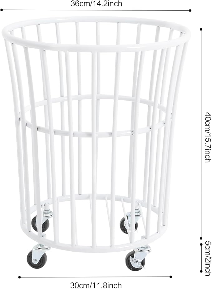 Metal Laundry Basket, Rolling Laundry Hamper with Wheels, Round Mesh Iron Basket Storage Clothes Organizer with Locking Casters for Laundry Room Bathroom Bedroom Closet Dorm (White)