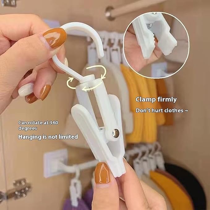 20pcs Laundry Hooks with Clips Super Strong Plastic Home Travel Swivel Hanging Hanger Closet Organizer Clamps Socks Boot Bras Towels for Bathroom Wardrobe Kitchen Office,White