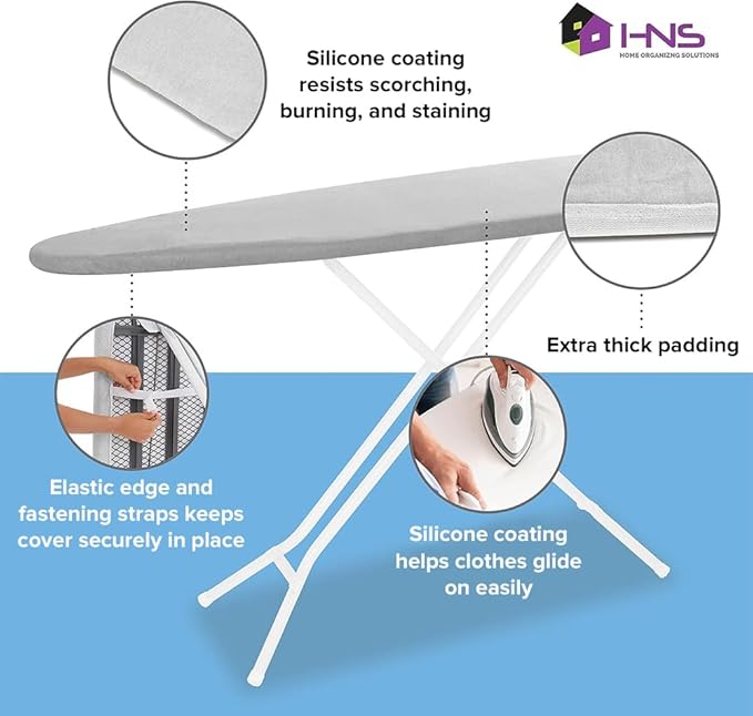 HOLDN’ STORAGE Ironing Board Cover - Silicone-Coated, Scorch-Resistant 15 x 54 Padding with Hook & Loop Straps, Cover Fits All Standard Sizes - Grey