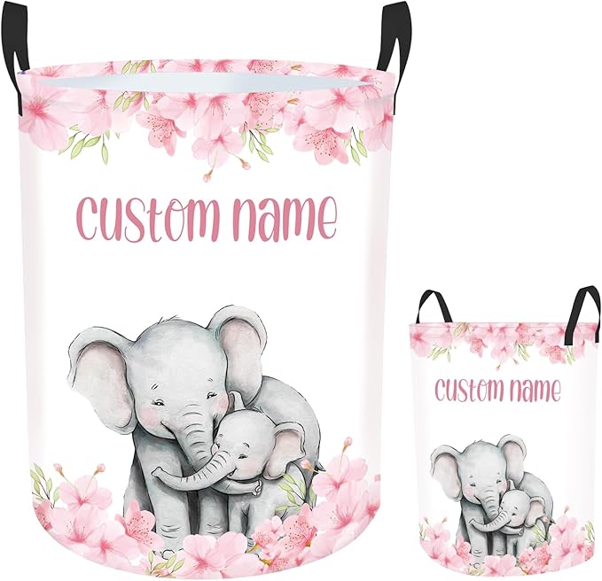 Custom Name Elephant Laundry Baskets for Baby Girls Boys, Personalized Name Laundry Basket for Kids Adults, Personalized Gift Pink Laundry Hamper with Handles, Customize Storage Basket