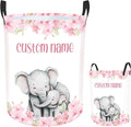 Custom Name Elephant Laundry Baskets for Baby Girls Boys, Personalized Name Laundry Basket for Kids Adults, Personalized Gift Pink Laundry Hamper with Handles, Customize Storage Basket