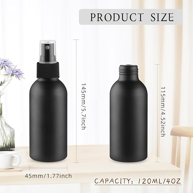 6 Pack 120ml/4oz Aluminum Spray Bottle Black Mist Sprayer Metal Spray Bottle Empty Fine Mist Spraying Bottles for Perfume Cleaning Essential Oil