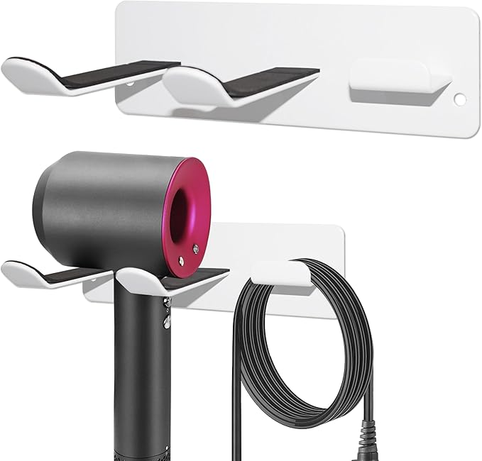 Hair Dryer Holder, Wall Mounted Rack Compatible with All Hair Dryer, Space Organizer for Bathroom/Bedroom/Washroom/Barbershop, 304 Stainless Steel, 3M Self Adhesive (White)