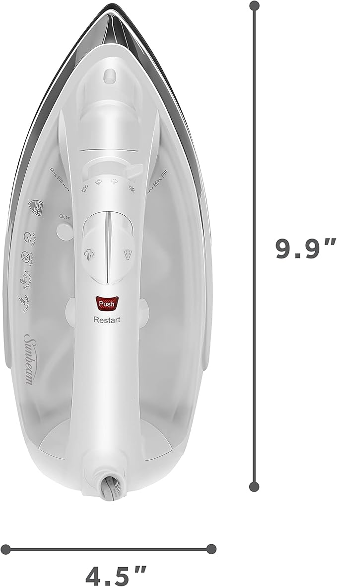 Sunbeam Classic Steam Iron, 1200 Watt, Mid-size Anti-Drip Nonstick Soleplate, Horizontal or Vertical Shot of Steam with 8' 360-Degree Swivel Cord and 3-Way Auto Shut-Off, White