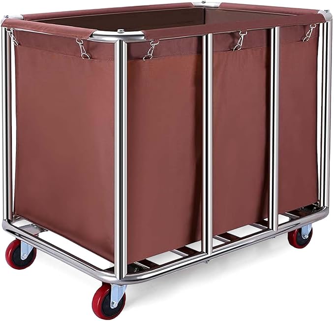 Commercial Laundry Cart with Wheels, 470L Industrial Rolling Laundry Basket, Large Heavy Duty Laundry Sorter with Watertight Oxford Bag & Sturdy Steel Frame for Home, Hotel, Hospital, 440 lbs (Brown)