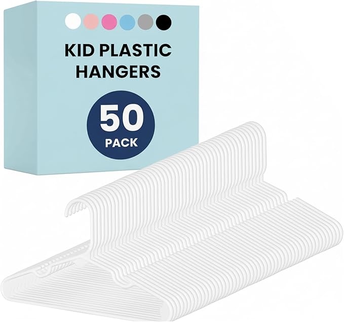 InfiniPower 50-Pack Kids Plastic Hangers, 11.5" Non-Slip & Space-Saving Hangers for Toddler & Infant Clothes, Shirts, Pants, Coats, Skirts, White
