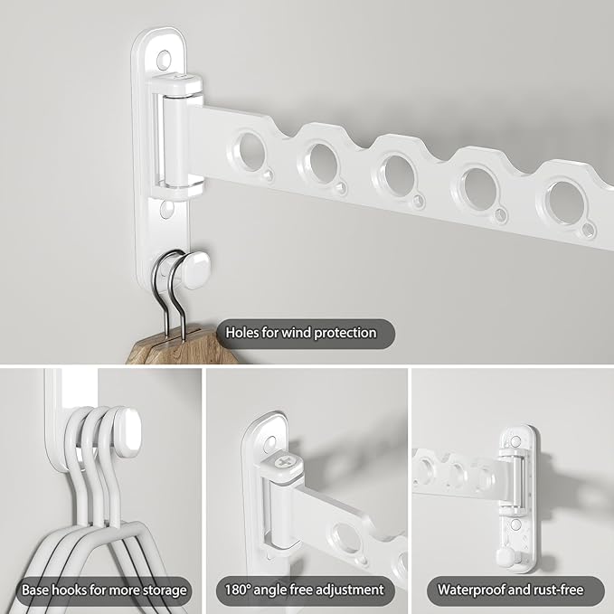 Wall Mounted Clothes Hanger Rack Foldable Drying Rack Hook Folding Indoor for Laundry Room Organization Bedroom Collapsible Racks Perfect for Small Spaces, 8 Hole White 2 Packs
