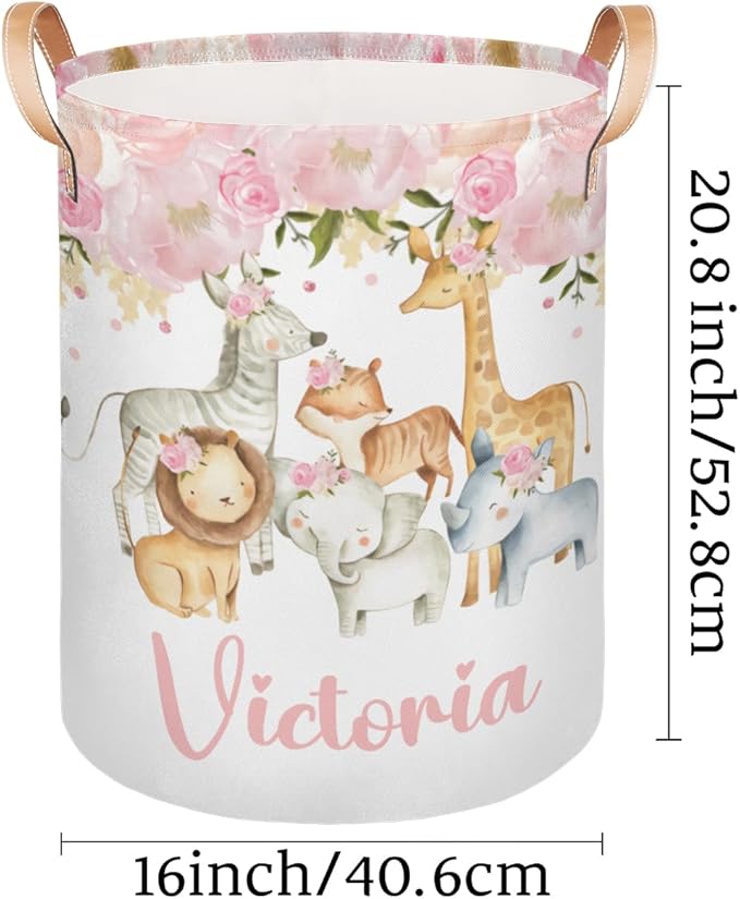 Personalized Laundry Basket, Custom Gift Laundry Hamper, Collapsible Nursery Waterproof Laundry Baskets, Dirty Clothes Toy Hamper with Handles Girl Safari Animals
