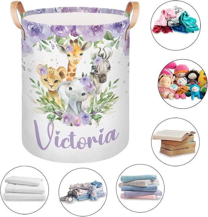 Personalized Laundry Basket, Custom Gift Laundry Hamper, Collapsible Nursery Waterproof Laundry Baskets, Dirty Clothes Toy Hamper with Handles Animal Purple Floral