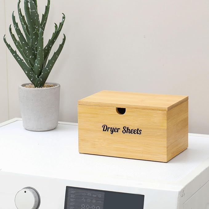 Bamboo Dryer Sheet Holder with Lid, Dryer Sheet Container for Laundry Room, Laundry Sheets Dispenser Box, Storage Organization for Fabric Softener Sheets