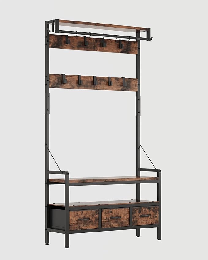 Hall Tree with Bench and Shoe Storage, Freestanding Entryway Coat Rack with 3 Fabric Drawers, 16 Hooks