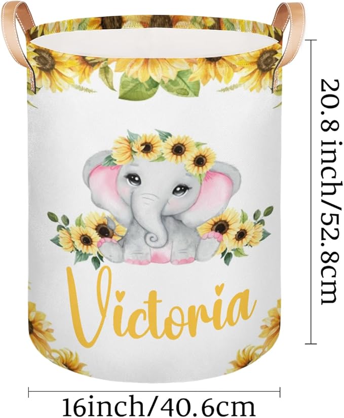 Personalized Laundry Basket, Custom Gift Laundry Hamper, Collapsible Nursery Waterproof Laundry Baskets, Dirty Clothes Toy Hamper with Handles Elephant Sunflower