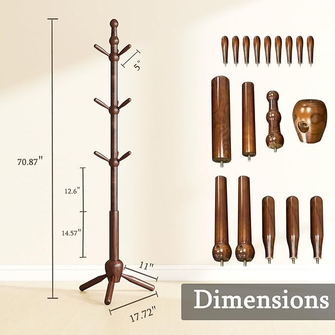 Solid Wood Coat Rack Stand, Vintage Heavy Duty Coat Hanger Stand with 9 Hooks, 3 Adjustable Size Sturdy Coat Tree for Living Room, Entryway, Office, Hallway, Brown