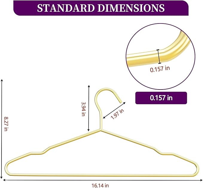 60Pack Gold Hangers + 10 Clothes Pins, Premium Glossy Gold Strong Metal Hangers, Upgraded Thickened Reinforced 50lbs Weight Capacity, Suitable for Heavy Coats, Jackets, Shirts, Dresses