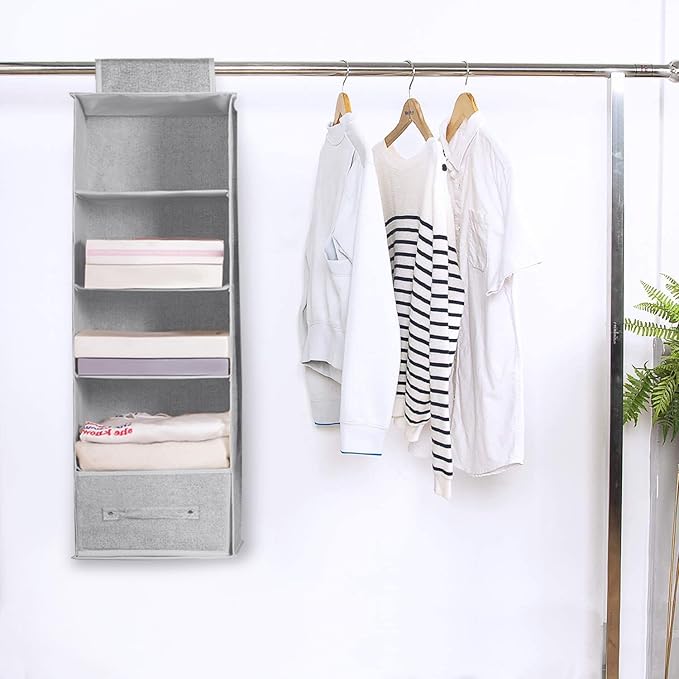 5-Tier Hanging Shelf Closet Organizer with Dividers, Hanging Storage with 2 Removable Drawers, Collapsible Closet and Storage Organization for Clothes, Bags, Dorms, Rooms (2PCS 5-Shelf)