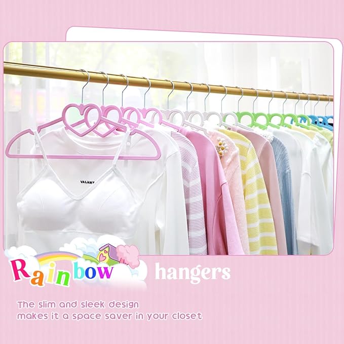 Plastic Hangers 50 Pack, Heart-Shaped Clothes Hanger Ultra Thin Space Saving-colorful Hangers with 360 Degree Swivel Hook & Travel Clothesline-Sturdy Adult Coat Hangers for Dress, Shirts, Coats