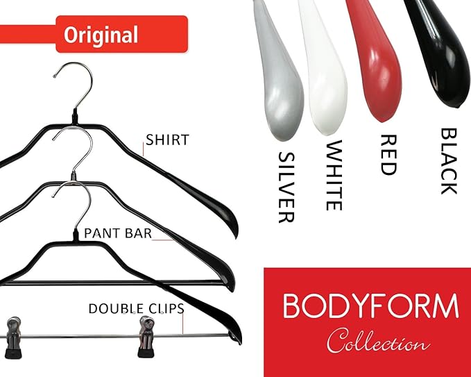 Mawa by Reston Lloyd BodyForm Series Non-Slip Steel Clothes Hanger with Shoulder Support & 2 Strong Clips for Pants or Skirts, Style 42/LK, Pack of 50