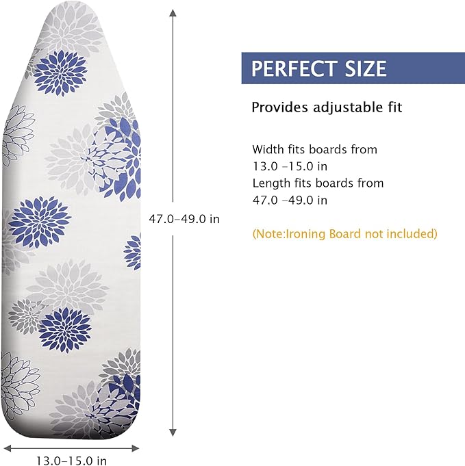 SheeChung Ironing Board Cover and Pad 15" x 49",Iron Board Cover with Elastic Edge & Adjustable Fastener,Cotton Covers Resist Scorching and Staining Extra Thick Padding,Silicone Coating,Dahlia