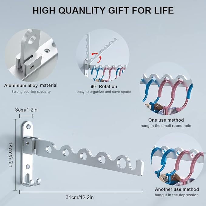 Small Wall Clothes Rail, Aluminium Foldable Drying Rack Hook 90° Rotation Coat Hanger for Laundry Bathroom Balcony (1ps Silver Fixed Seat)