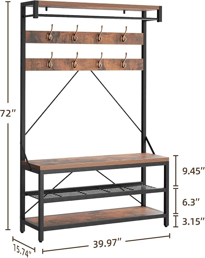 Industrial Hall Tree with Shoe Bench & Coat Rack - 8 Hooks, Storage Shelf & Hanging Bar for Entryway, Rustic Brown Wood Look Accent Furniture